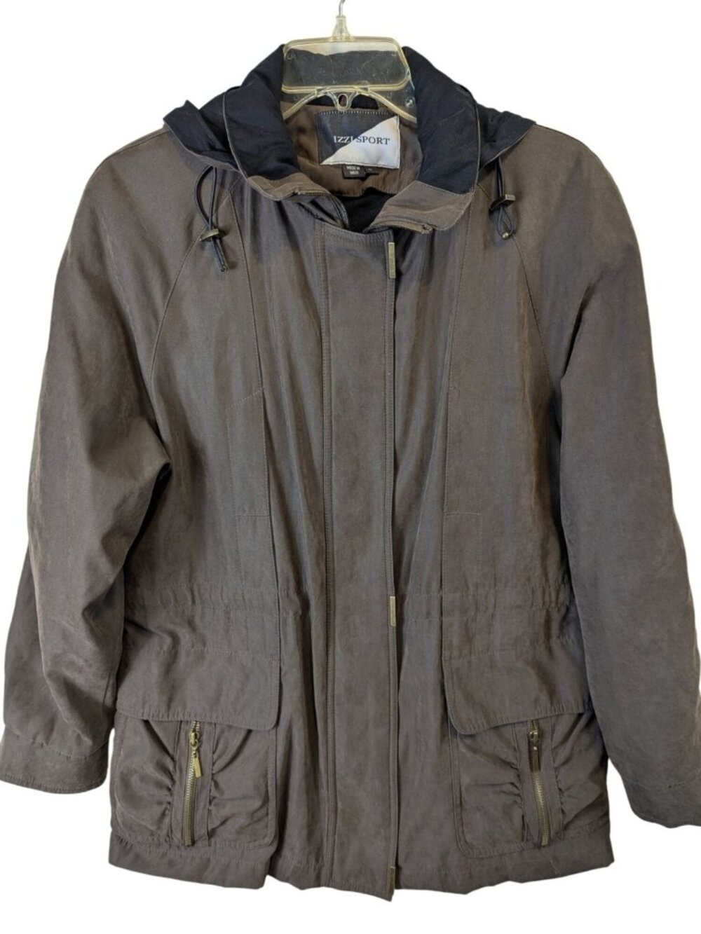 Izzi Sport Women Medium Brown Jacket Suede Feel Zip Front Hooded Pockets Warm